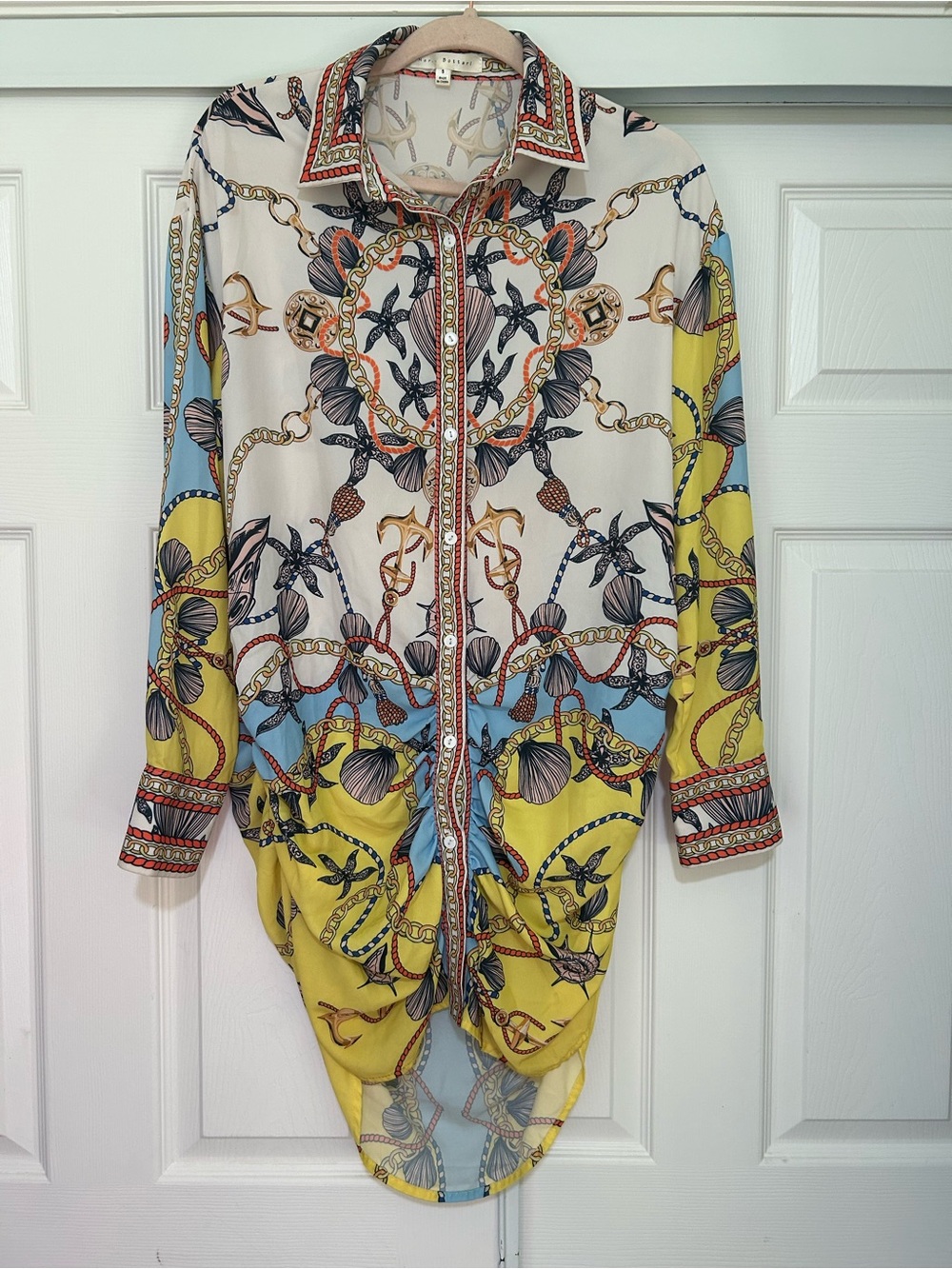 Baroque Chain Print Long Button-Up Tunic in Yellow, Blue & Cream